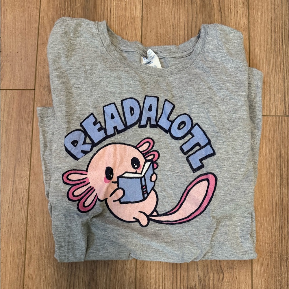 Gray Reading Shirt with Pink Axolotl Design
